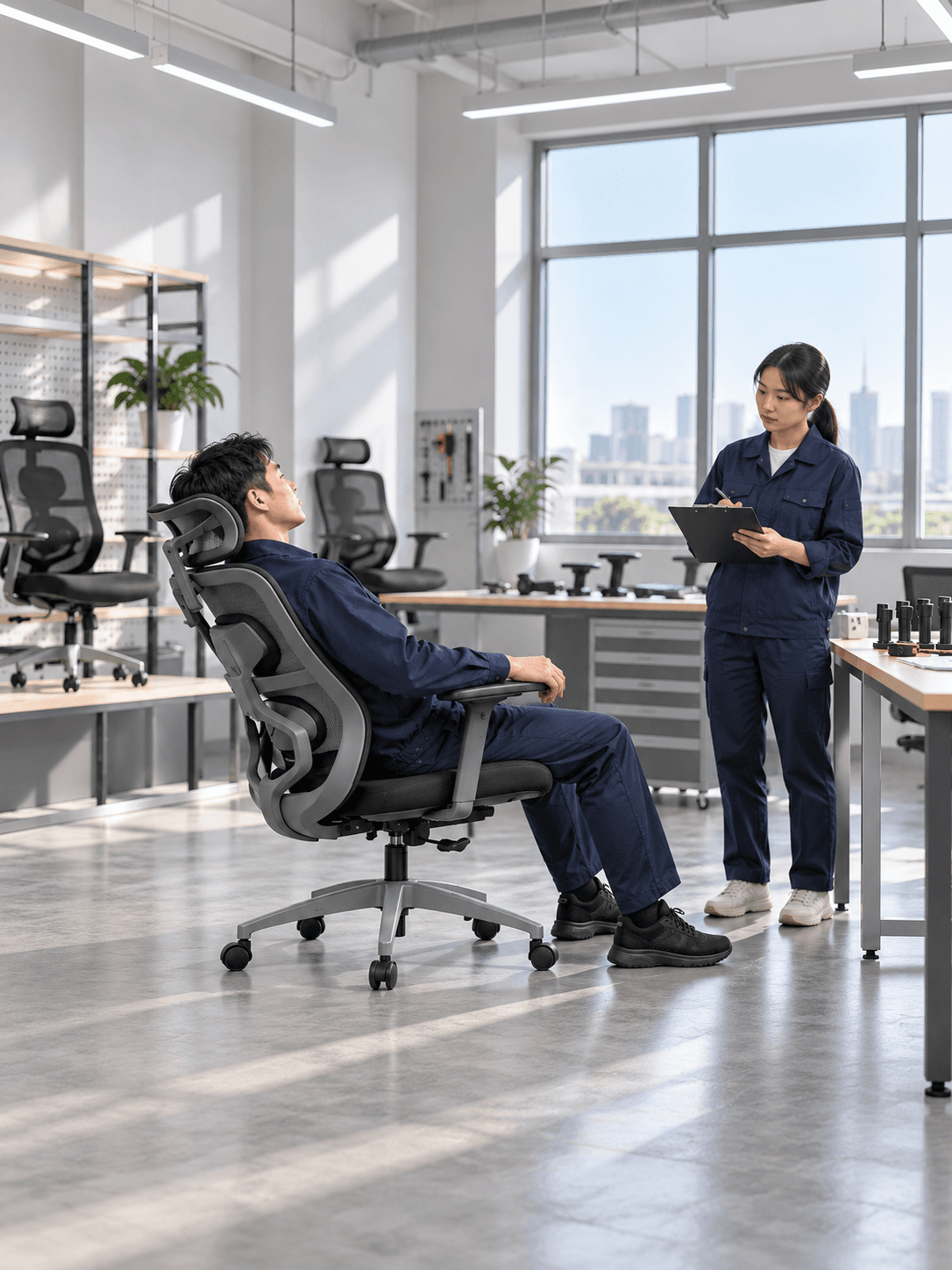 Black meeting chairs arranged beside a wooden table