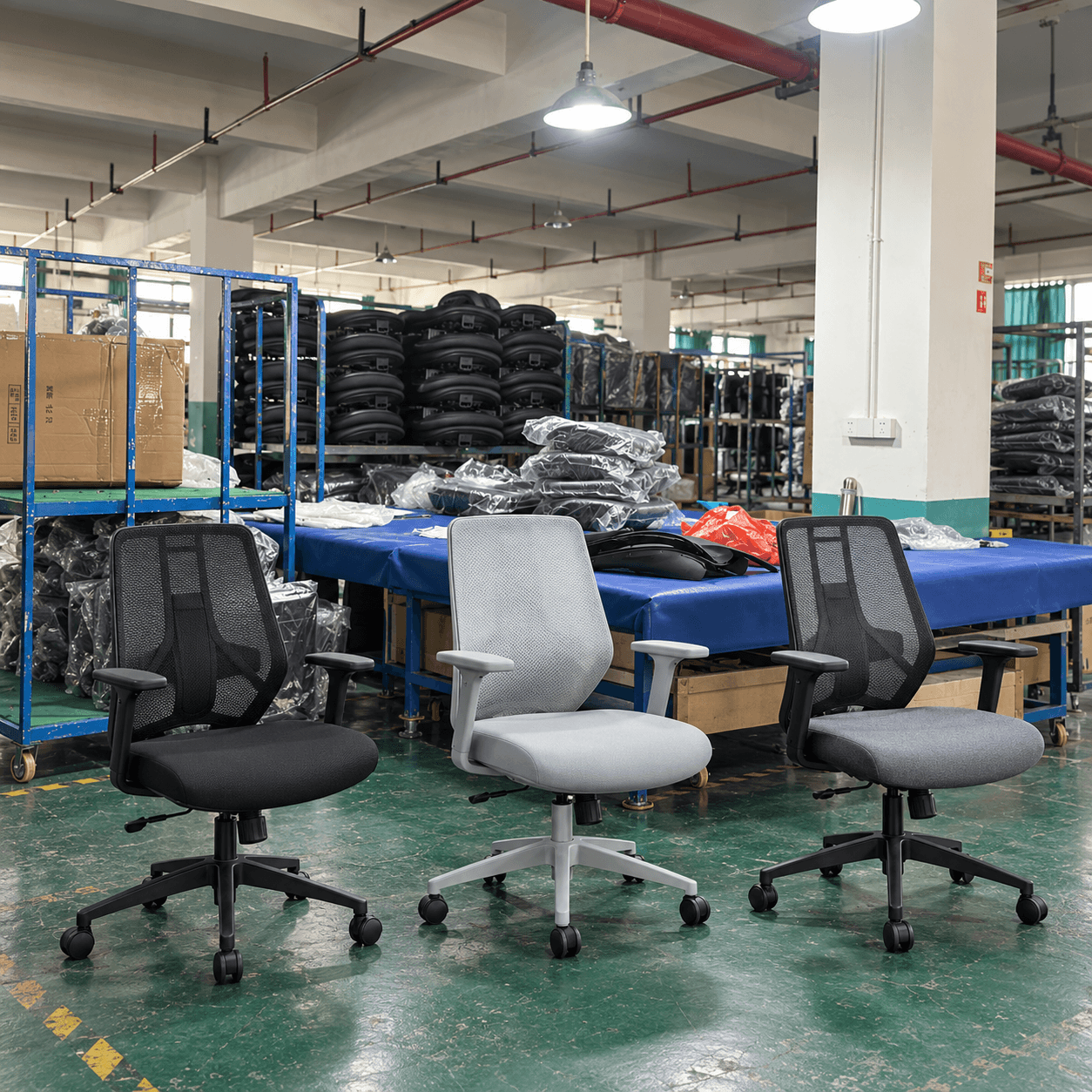 Black meeting chairs arranged beside a wooden table