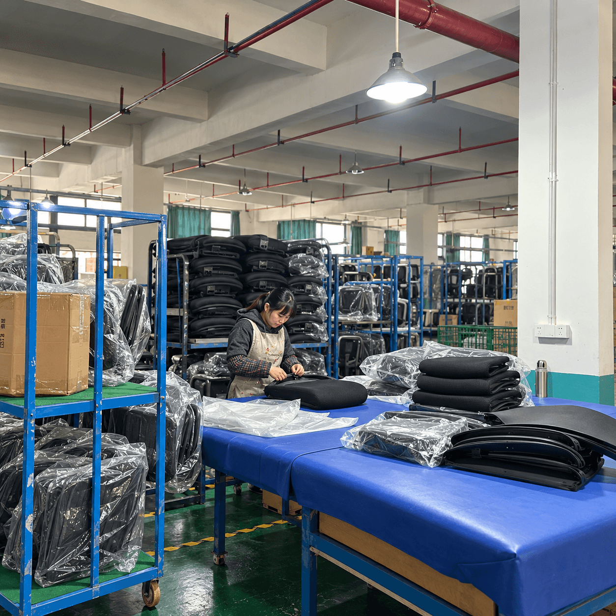 Black meeting chairs arranged beside a wooden table
